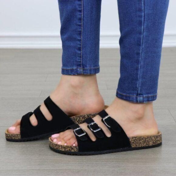 Black Velvet 3 Buckle Strap Slider Sandals - Picture 3 of 7